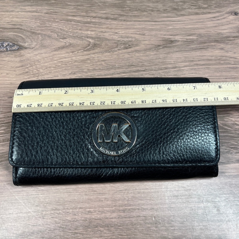 Michael Kors Continental Fulton Flap Wallet Black Pebbled Leather Silver Logo - Picture 9 of 10